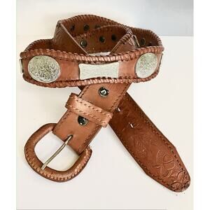 Vtg Mexican Leather Concho Belt Tooled & Engraved, Scalloped Wrapped Edges Sz 36